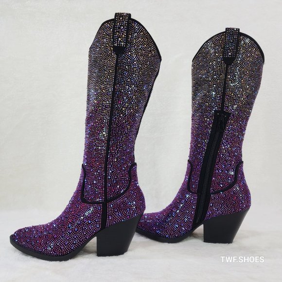 Western Glow Multi Purple Ombre Rhinestone Disco Cowgirl Knee Boots - Picture 14 of 17